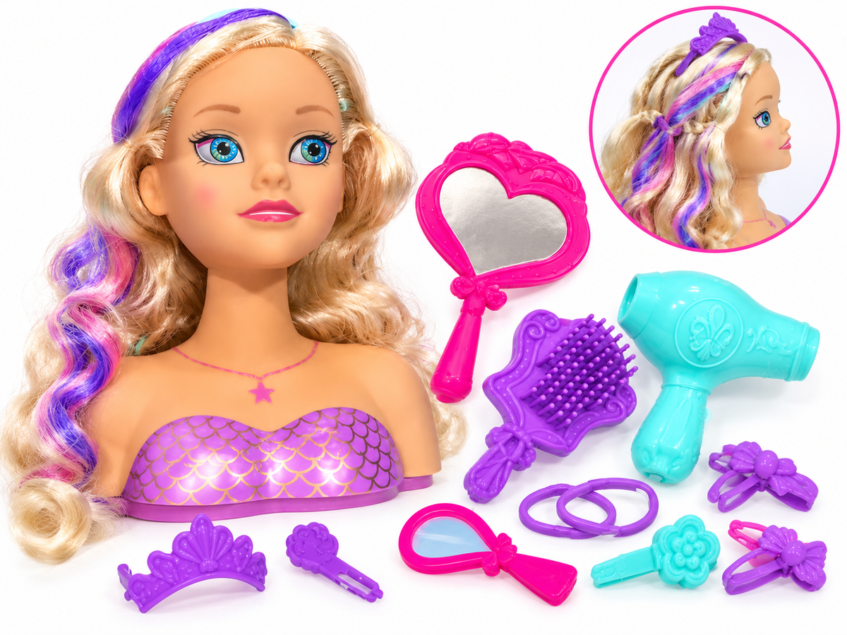 Bambola sirena bionda con outfit viola e accessori per capelli.