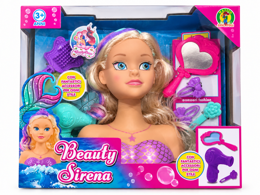 Bambola sirena bionda con outfit viola e accessori per capelli.