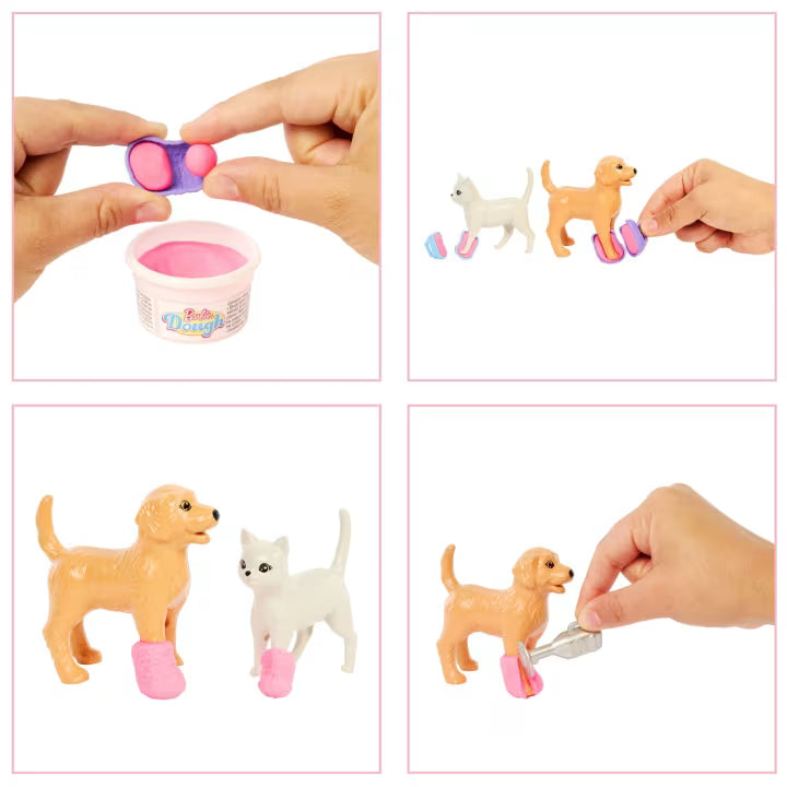 Barbie veterinaria con camice bianco e animali giocattolo inclusi nella clinica Fast Cast.