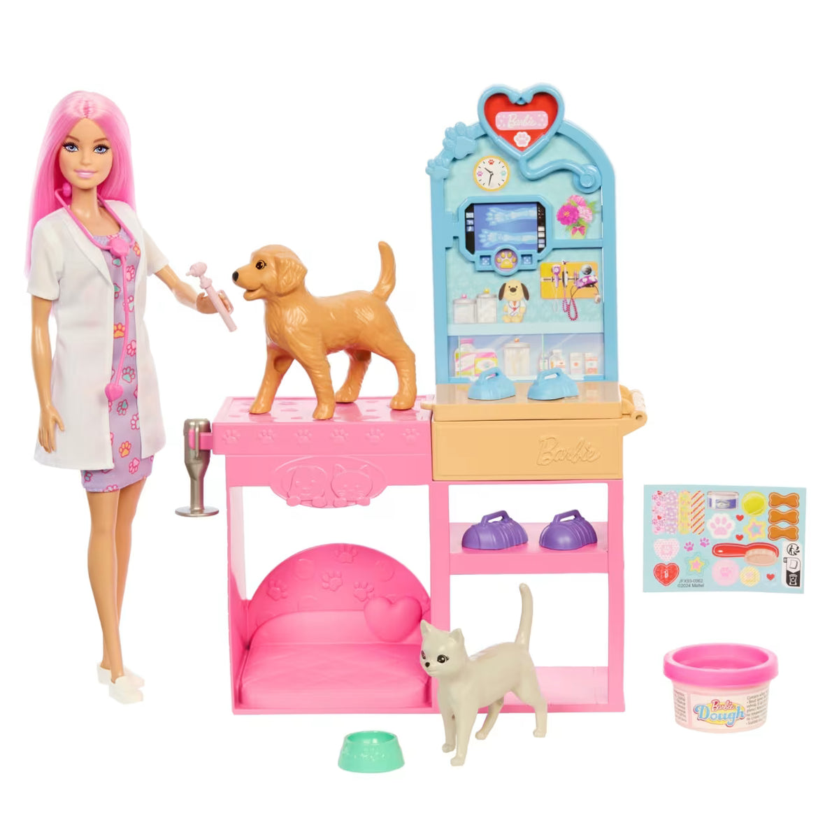 Barbie veterinaria con camice bianco e animali giocattolo inclusi nella clinica Fast Cast.