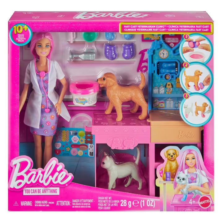 Barbie veterinaria con camice bianco e animali giocattolo inclusi nella clinica Fast Cast.