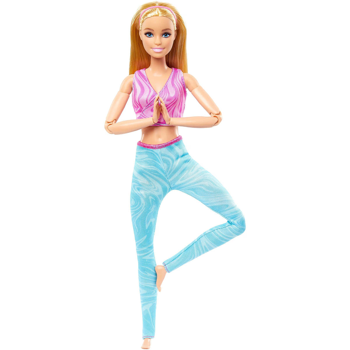 Barbie Made to Move con capelli biondi, top rosa e pantaloni da yoga blu