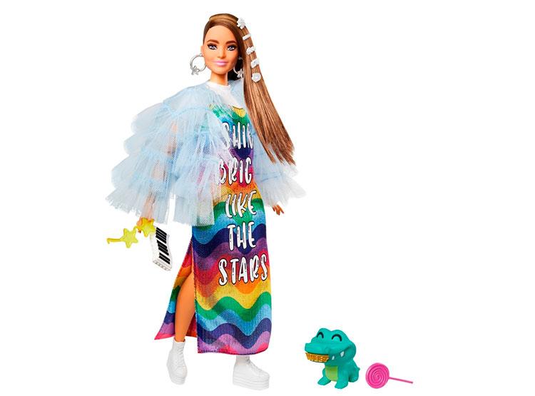 Barbie Extra n. 9 con Vestito Arcobaleno, Giacca Azzurra e Cagnolino Coccodrillo Mattel GYJ78
