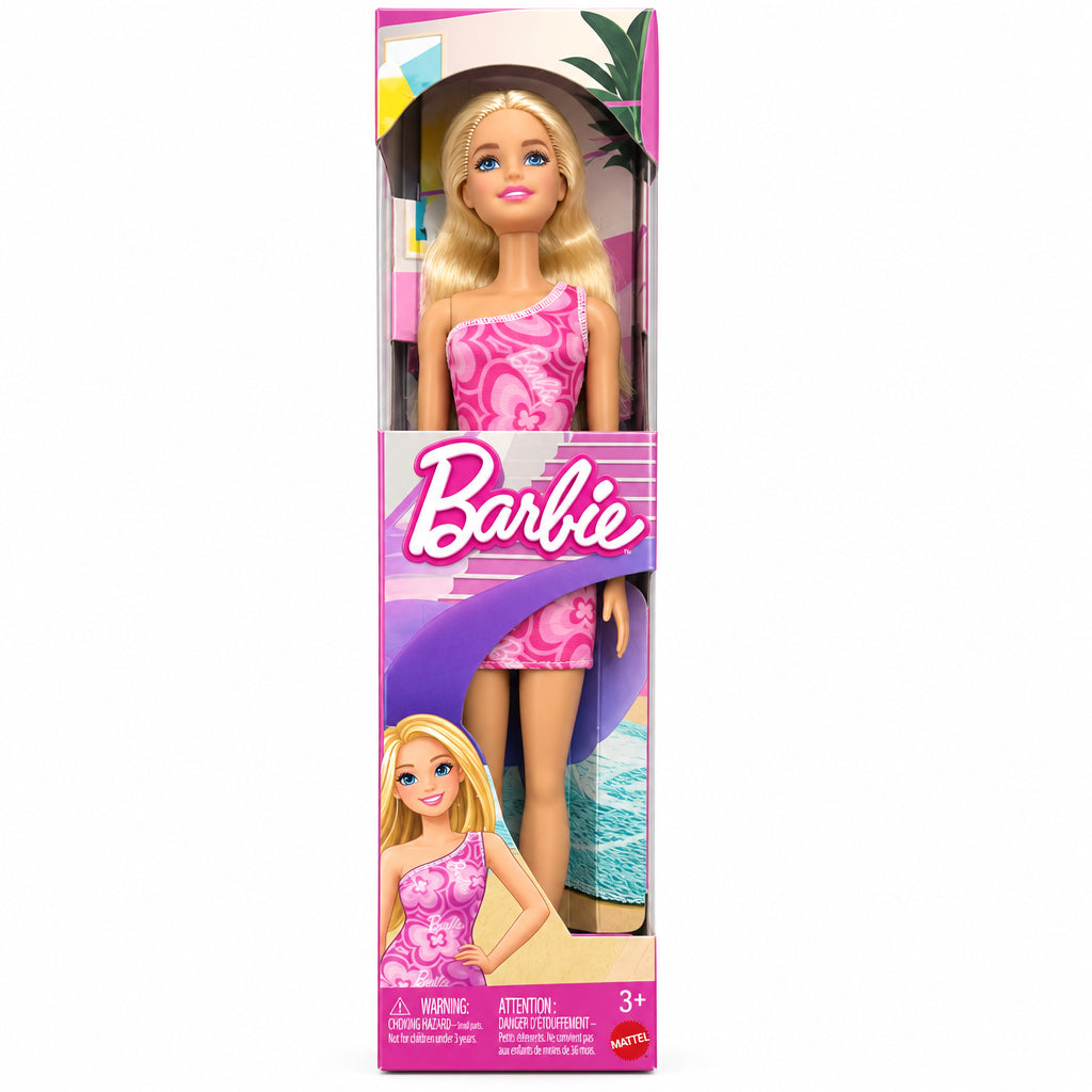 Barbie Fashion con lunghi capelli biondi e abito rosa decorato con farfalle e cuori.