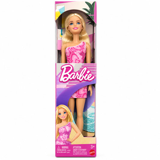 Barbie Fashion con lunghi capelli biondi e abito rosa decorato con farfalle e cuori.