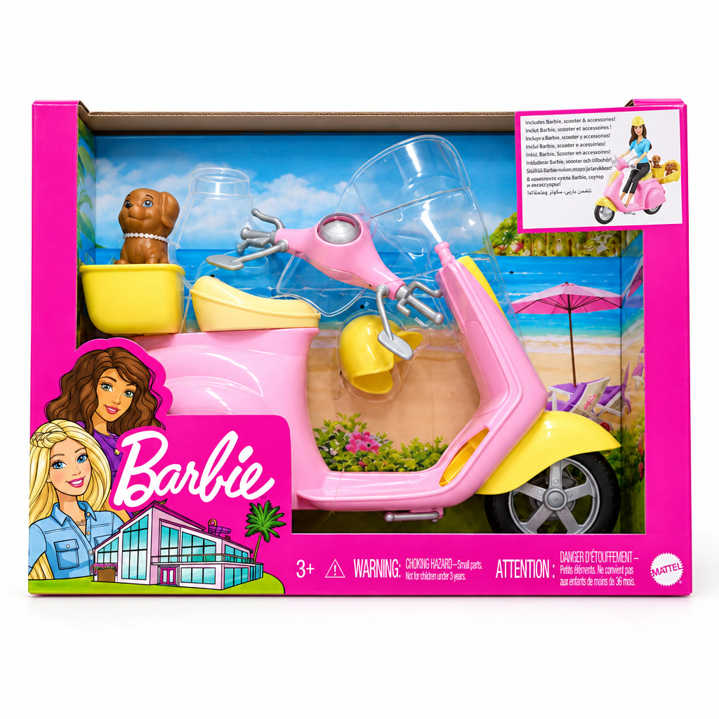 Barbie scooter rosa e giallo con dettagli argentati e cestino per il cagnolino.