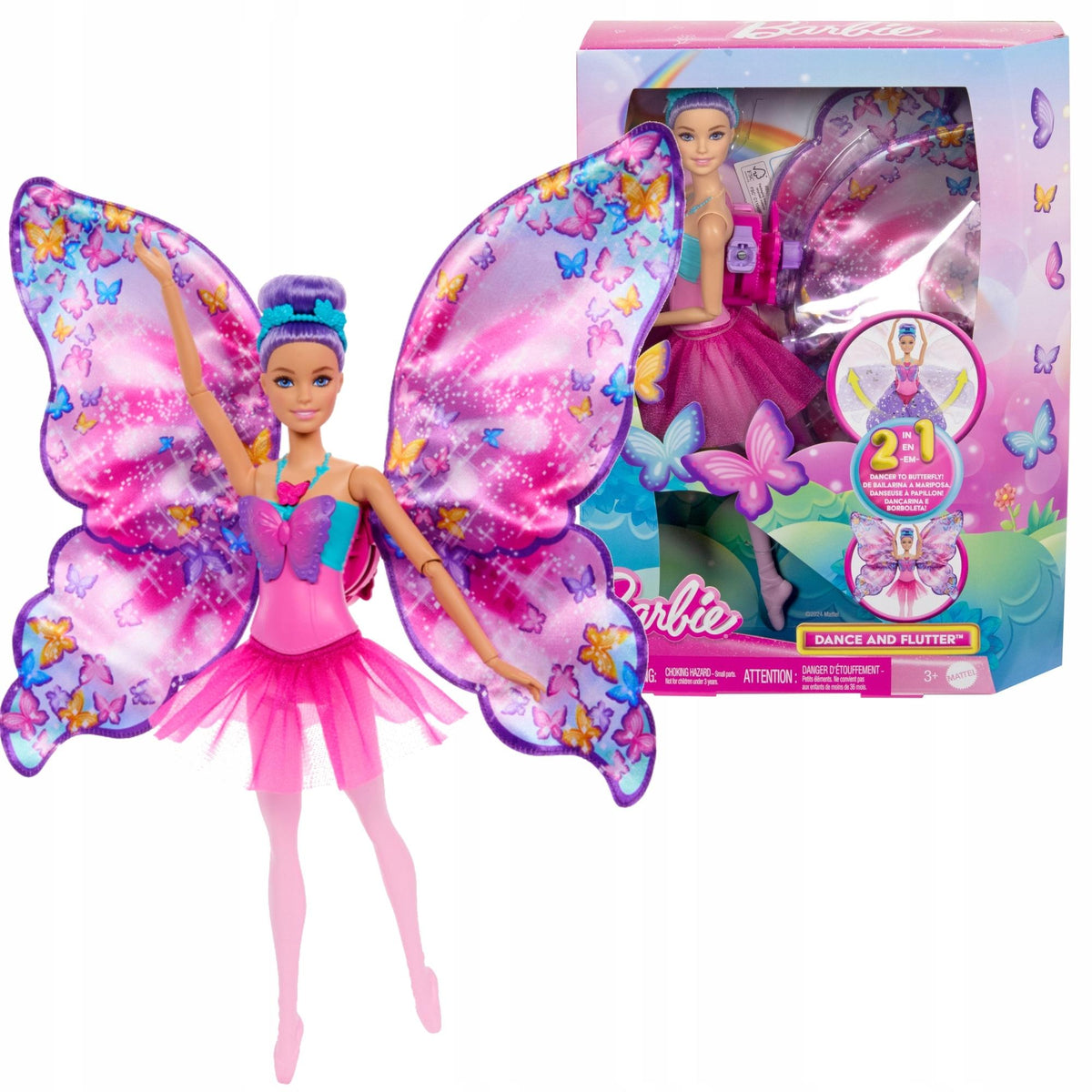 Barbie ballerina con capelli viola, tutù rosa e cerchietto floreale
