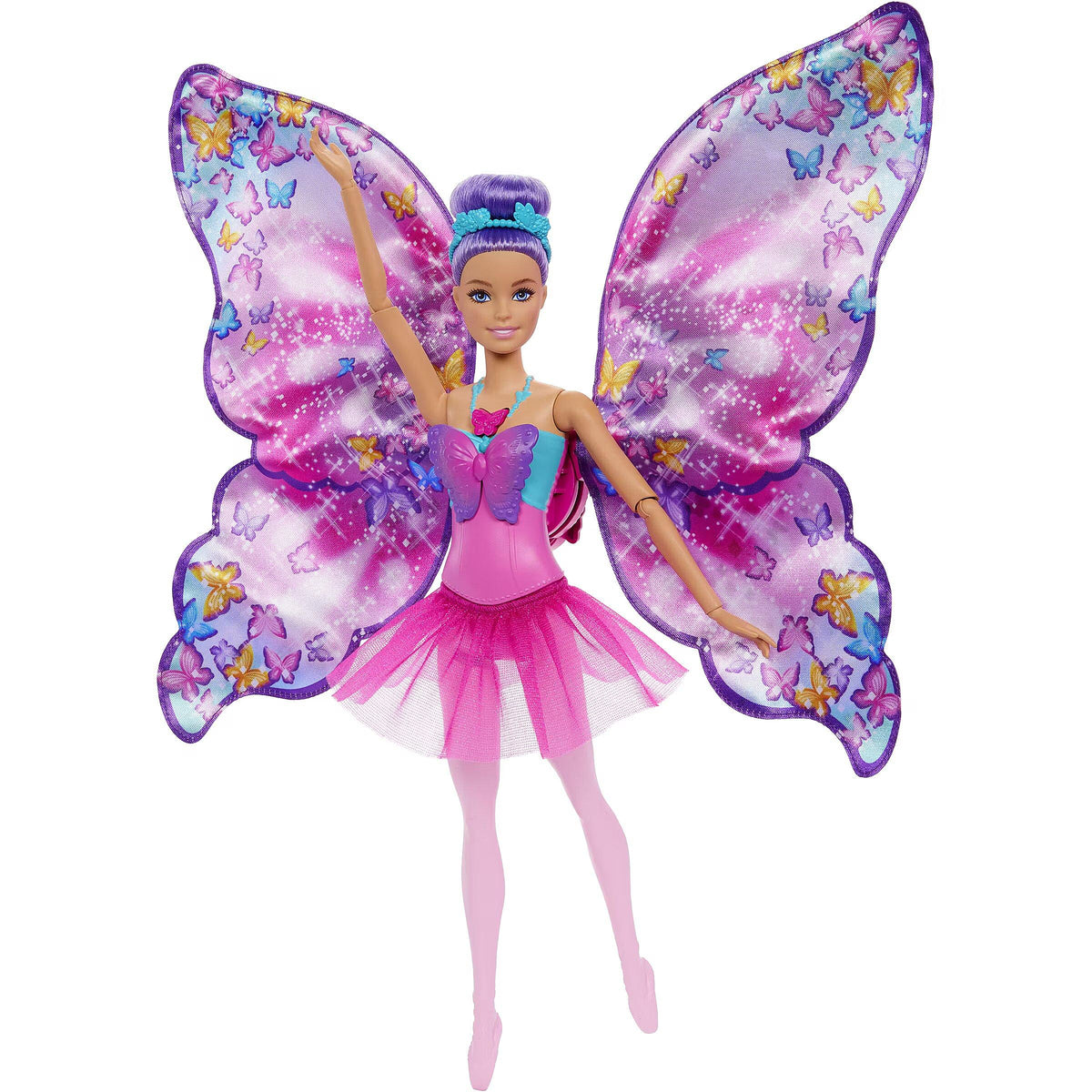 Barbie ballerina con capelli viola, tutù rosa e cerchietto floreale