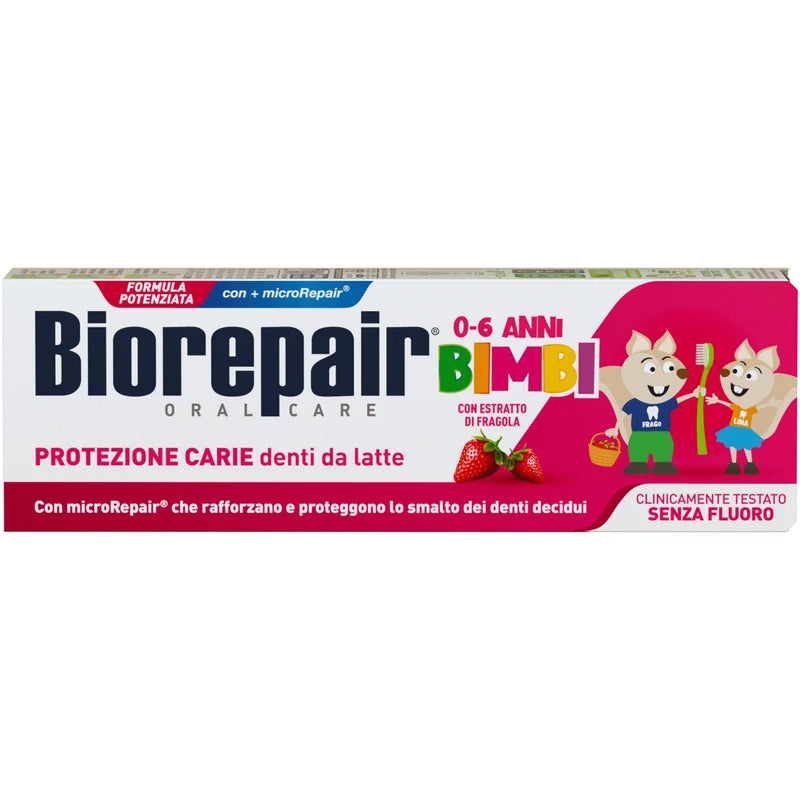Biorepair Bimbi dentifricio fragola 0-6 anni 50 ml per la protezione dei denti da latte, senza fluoro