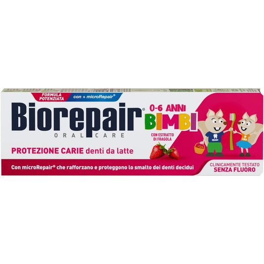 Biorepair Bimbi dentifricio fragola 0-6 anni 50 ml per la protezione dei denti da latte, senza fluoro
