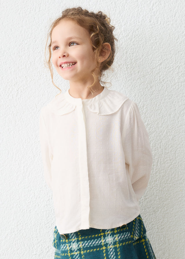 Blusa bambina Mayoral écru con colletto volant e maniche lunghe