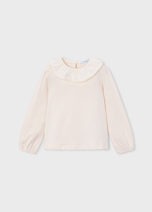 Blusa bambina Mayoral écru con colletto volant vista frontale