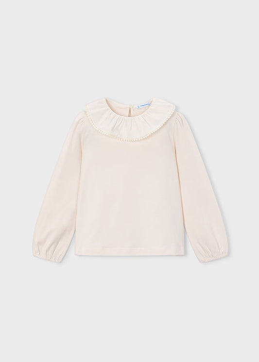 Blusa bambina Mayoral écru con colletto volant vista frontale