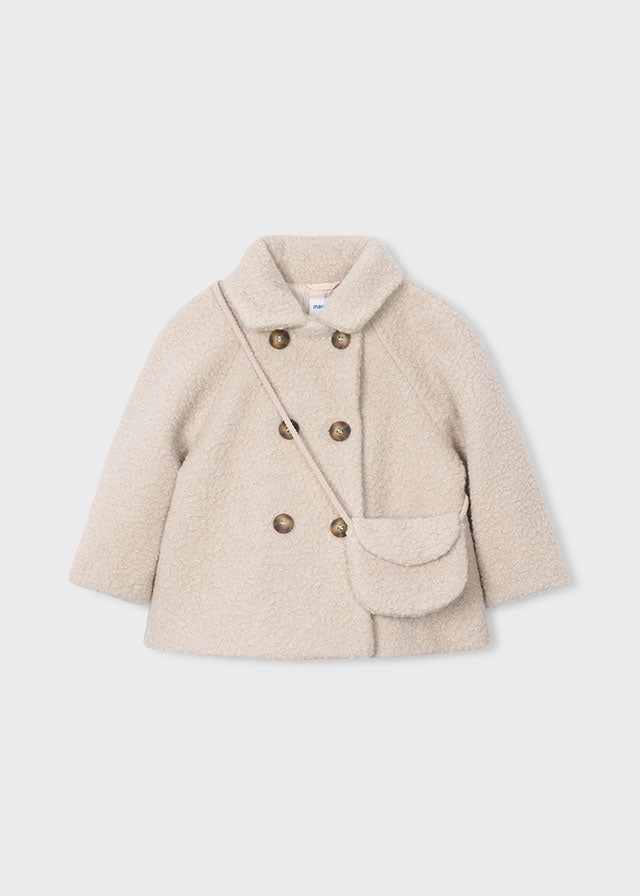 Cappotto bambina Mayoral beige in bouclé con borsetta coordinata