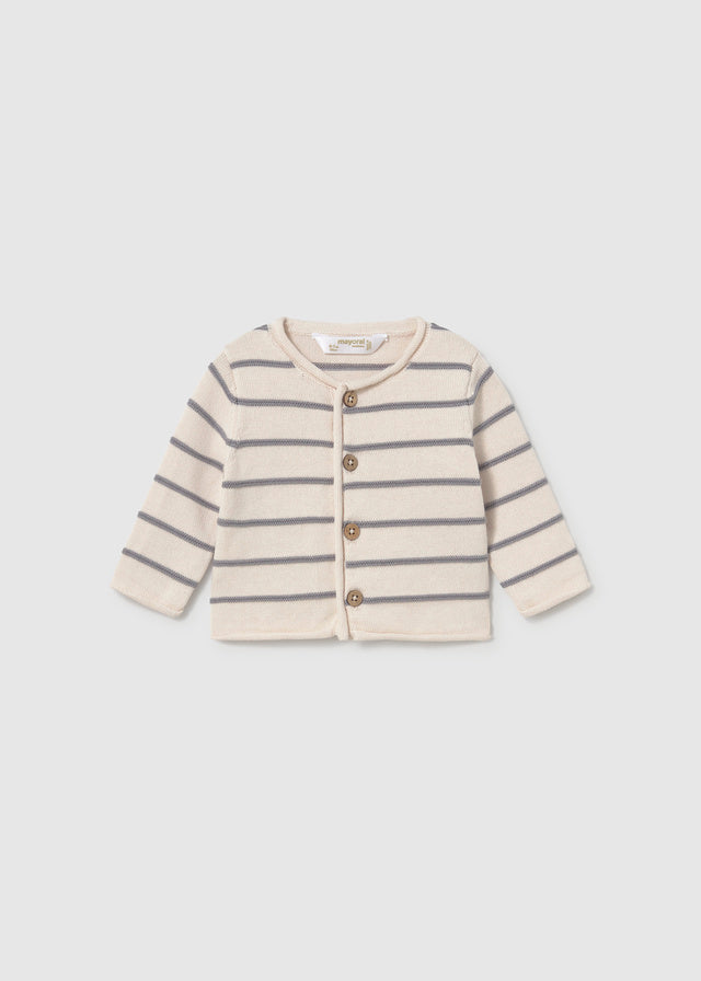 Cardigan neonato Mayoral in maglia a righe beige e grigio con bottoni