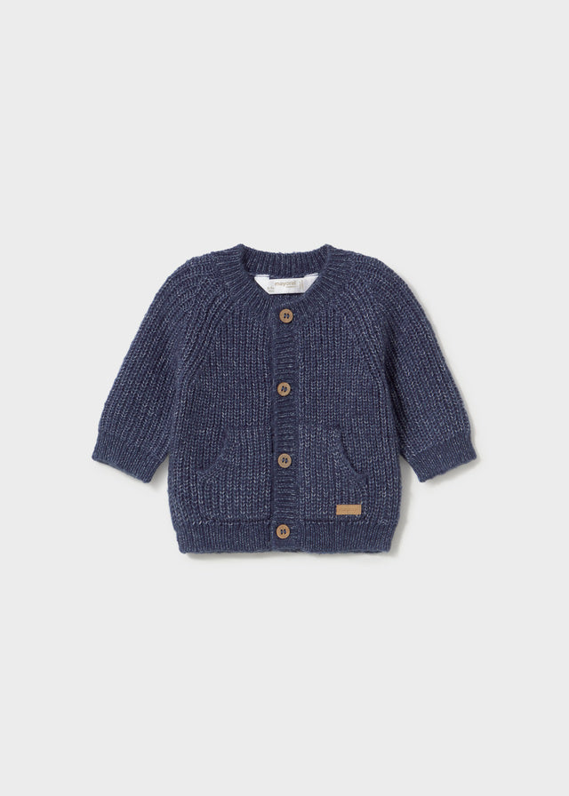 Cardigan neonato Mayoral in maglia blu indaco con bottoni e tasche