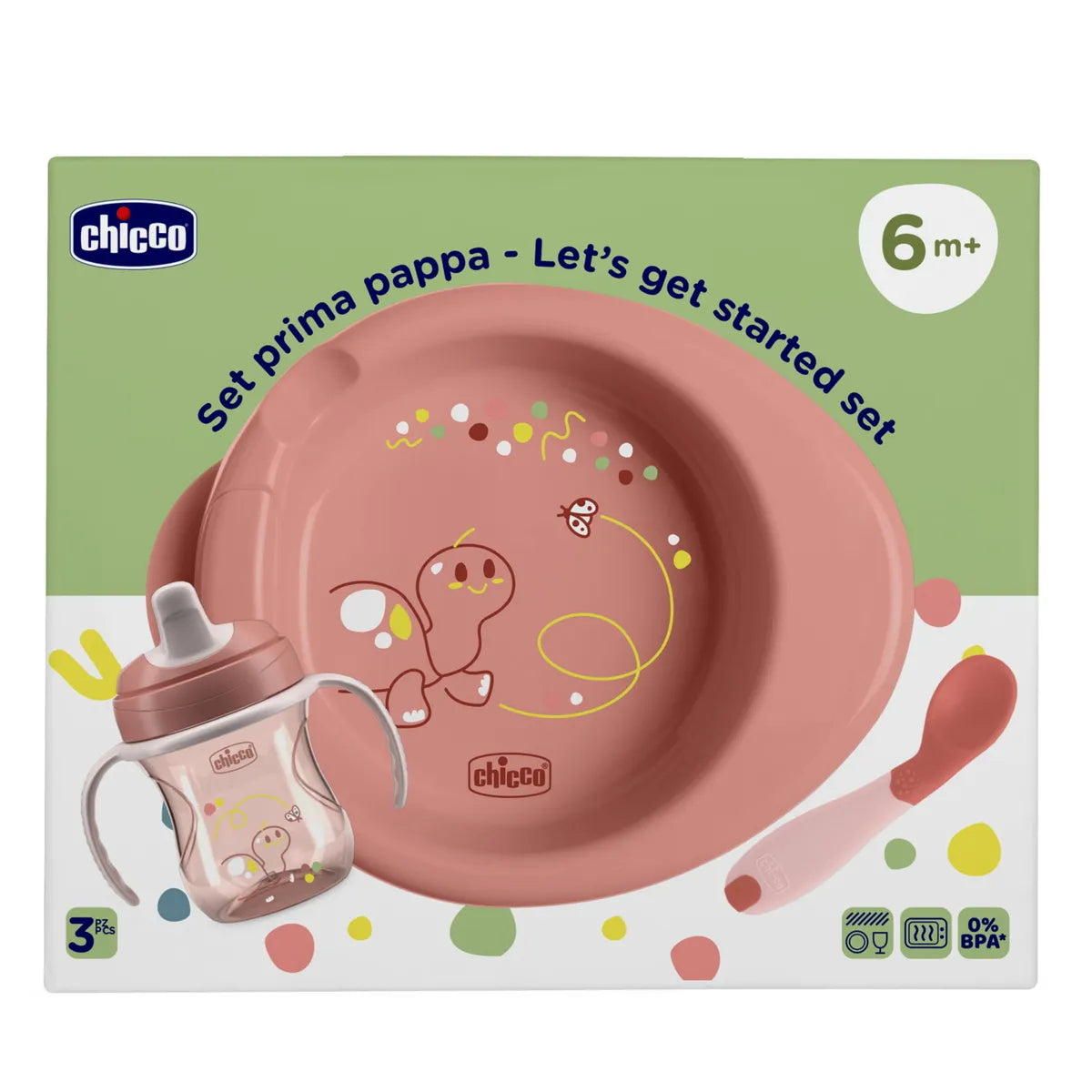 Chicco Set Prima Pappa rosa da 3 pezzi per bambini dai 6 mesi, confezione con piatto, tazza e cucchiaio.