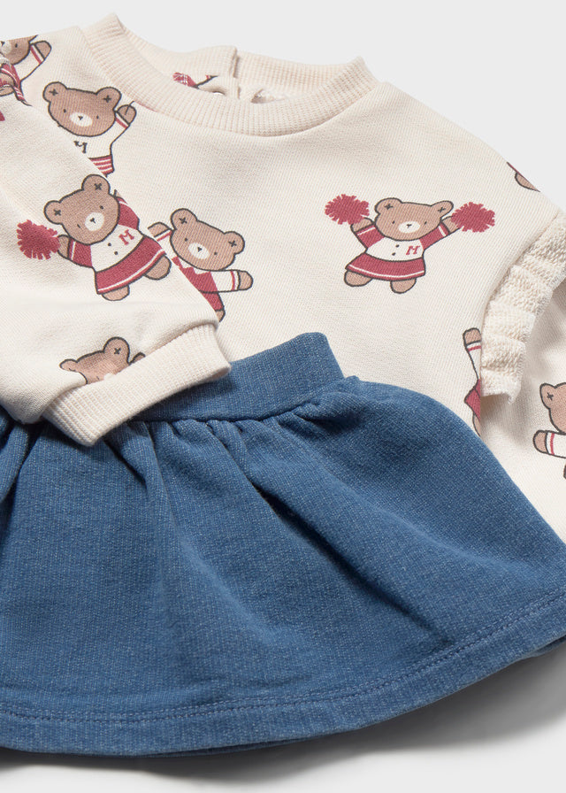 Completo 2 pezzi bambina Mayoral con felpa fantasia orsetti e gonna blu