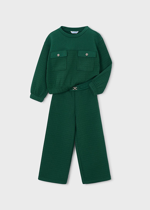 Completo 2 pezzi bambina Mayoral verde bottiglia con felpa e pantalone visto frontalmente