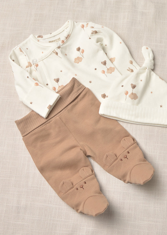 Completo 3 pezzi neonata Mayoral con maglia fantasia ghettina beige e cappellino coordinato