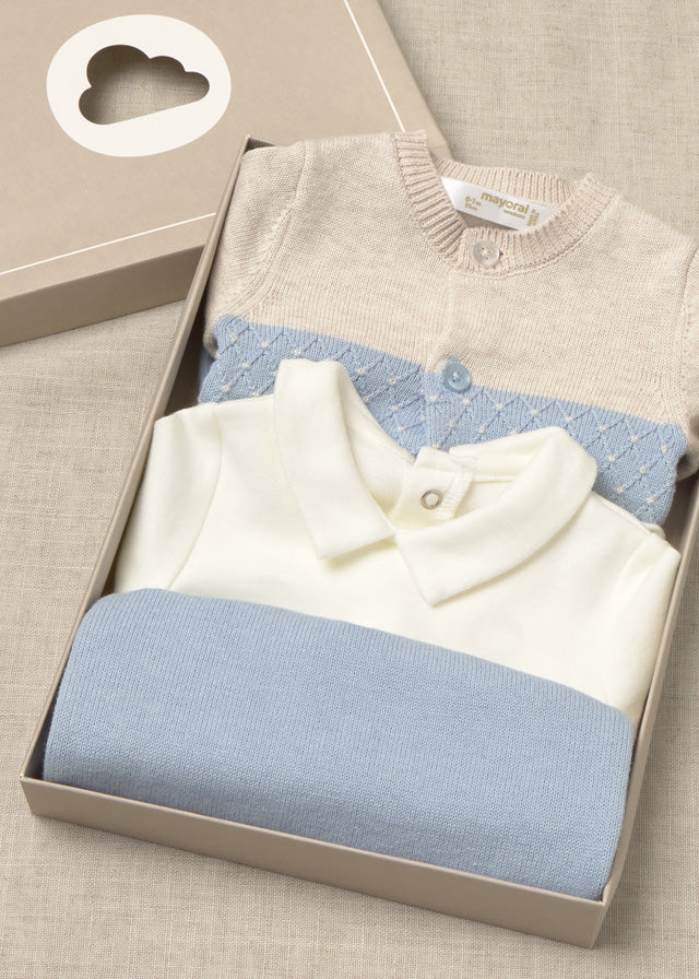 Completo 3 pezzi neonato Mayoral con cardigan body e ghettina azzurro cielo