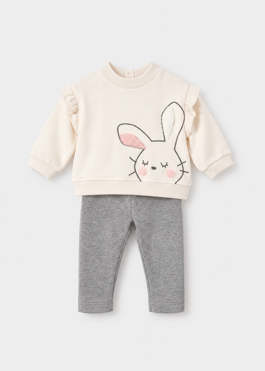 Completo neonata Mayoral con felpa écru con coniglietto e leggings grigio mélange