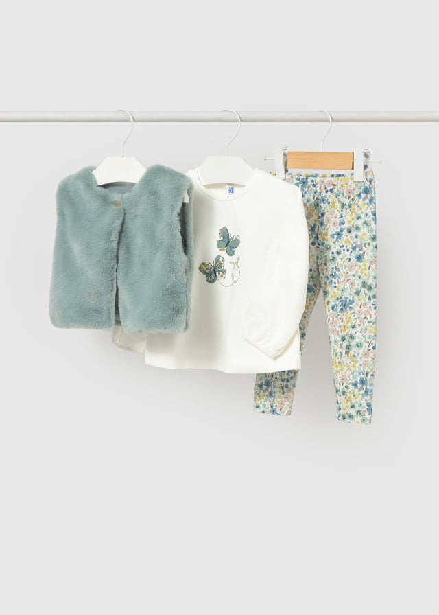 Completo Mayoral neonata con maglietta bianca, leggings floreali e gilet verde acqua