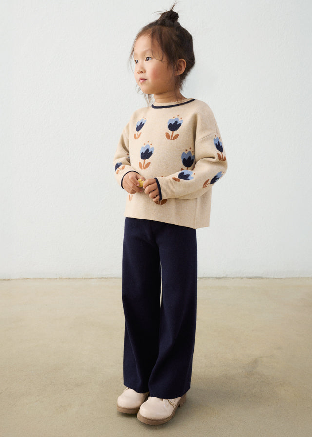 Completo bambina Mayoral 2 pezzi con maglioncino floreale beige e pantalone blu navy