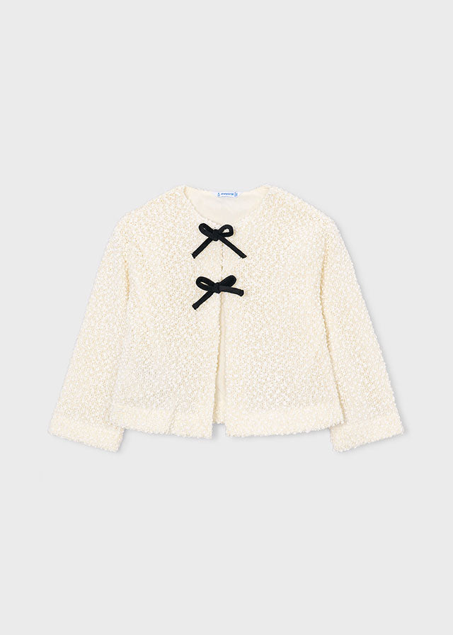 Completo bambina Mayoral 3 pezzi con cardigan effetto bouclé vista frontale