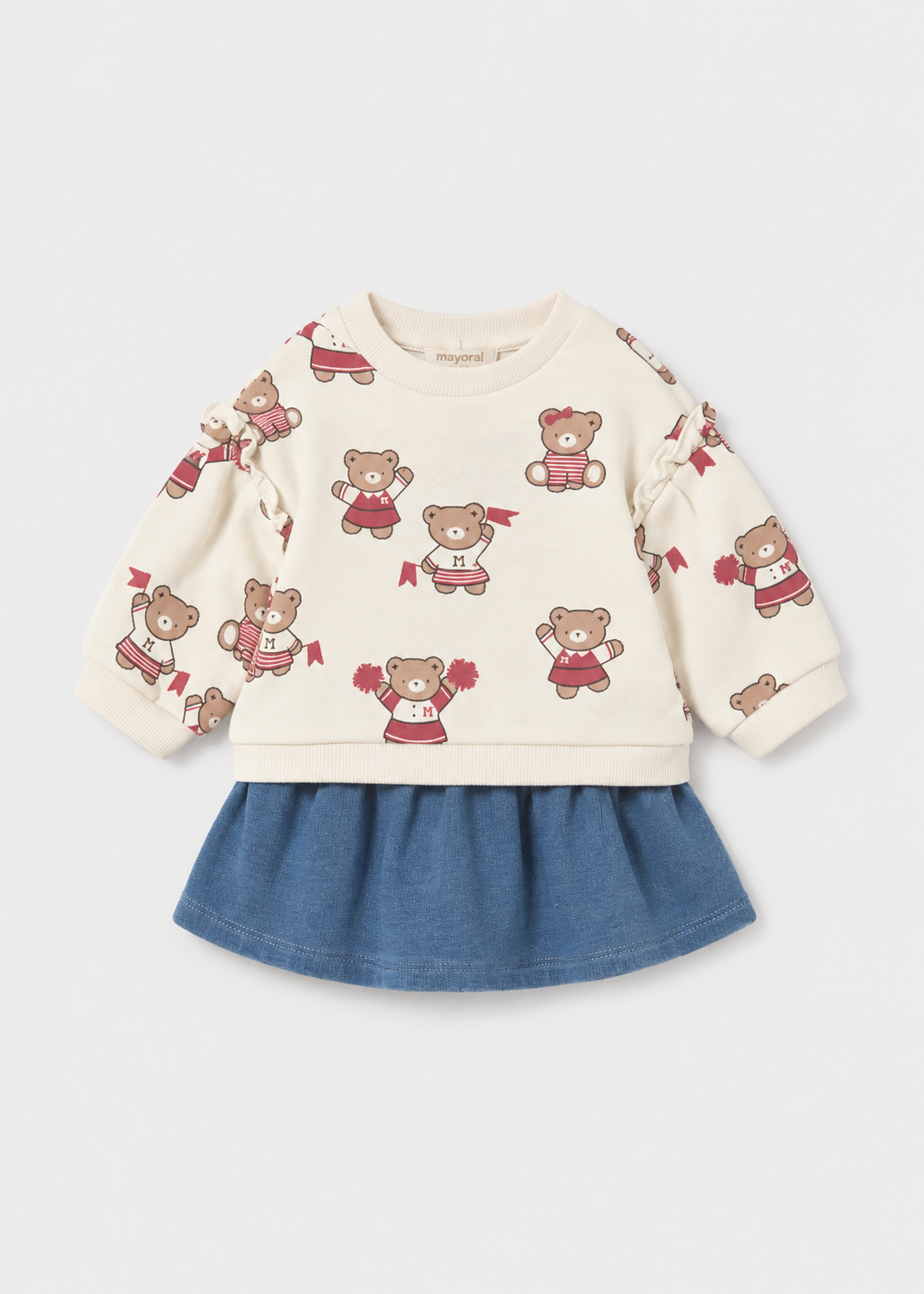Completo bambina Mayoral con felpa écru con orsetti e gonna blu
