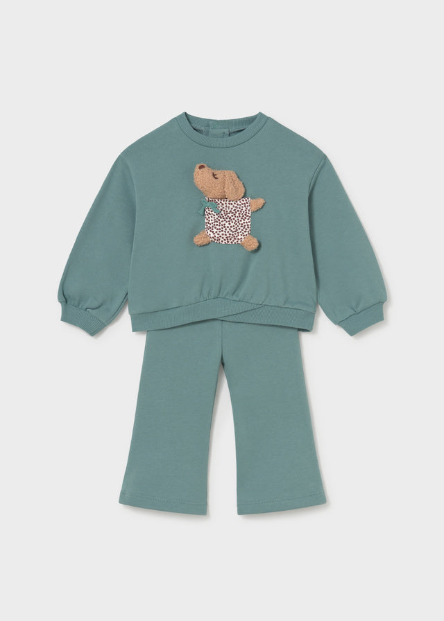 Completo bambina Mayoral verde acqua 2 pezzi con felpa con orsetto e pantalone