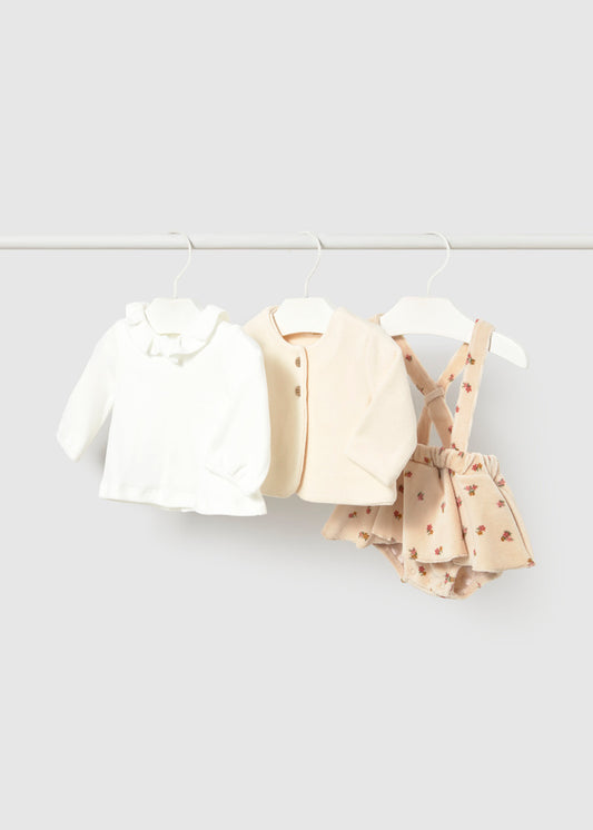 Completo neonata Mayoral 3 pezzi con body bianco cardigan beige e gonna floreale