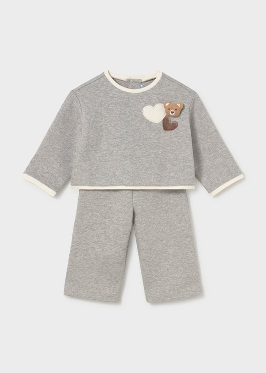 Completo neonata 2 pezzi Mayoral con felpa grigio mélange con orsetto e pantalone