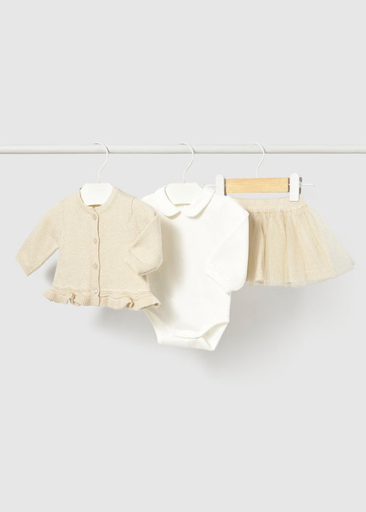 Completo neonata Mayoral 3 pezzi con cardigan body e gonna in tulle écru
