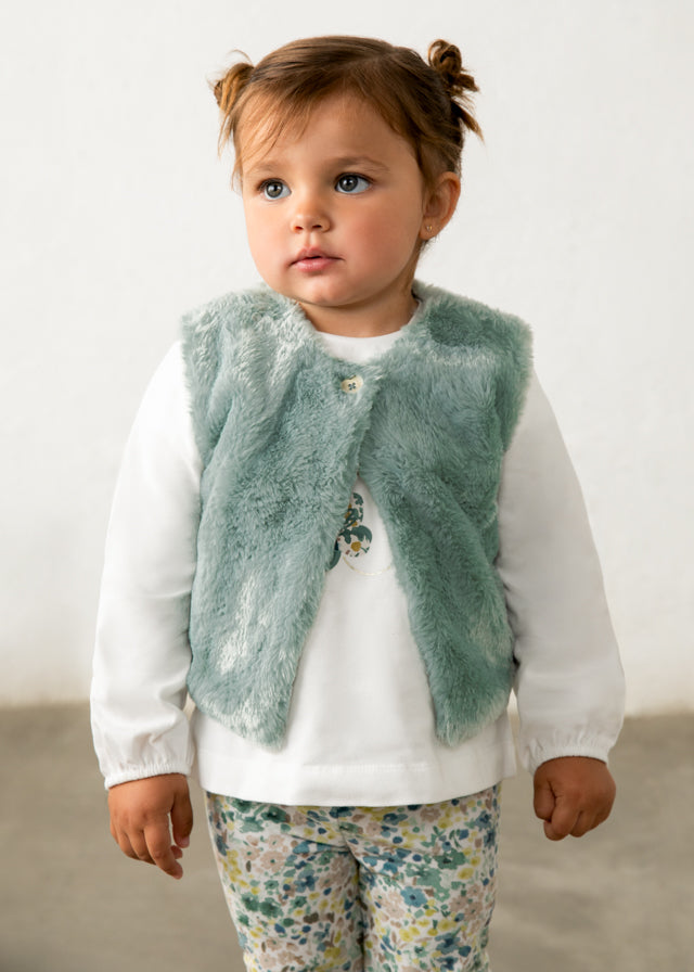 Completo neonata Mayoral 3 pezzi con gilet verde acqua, maglietta bianca e leggings floreali