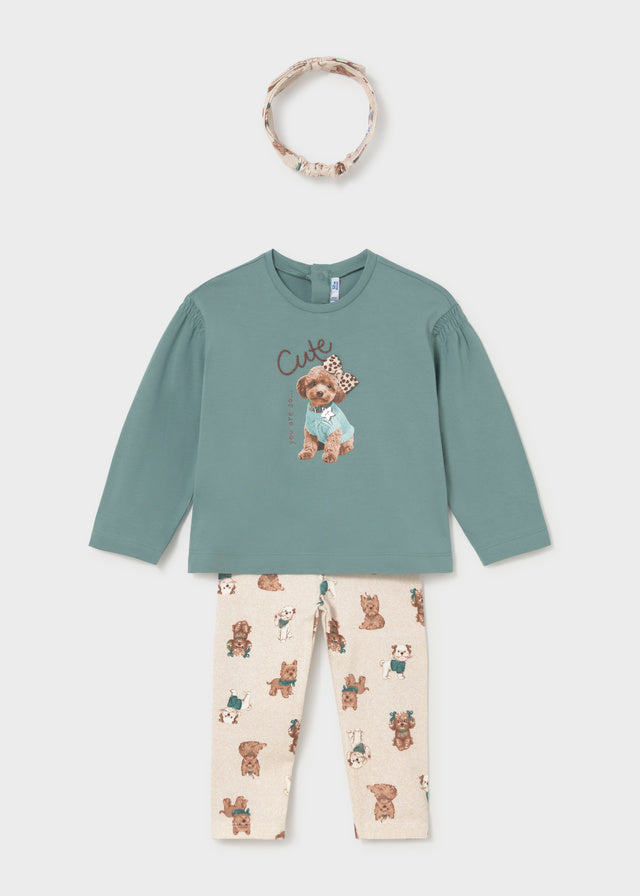 Completo neonata Mayoral 3 pezzi con maglia verde acqua, leggings fantasia con orsetti e fascia