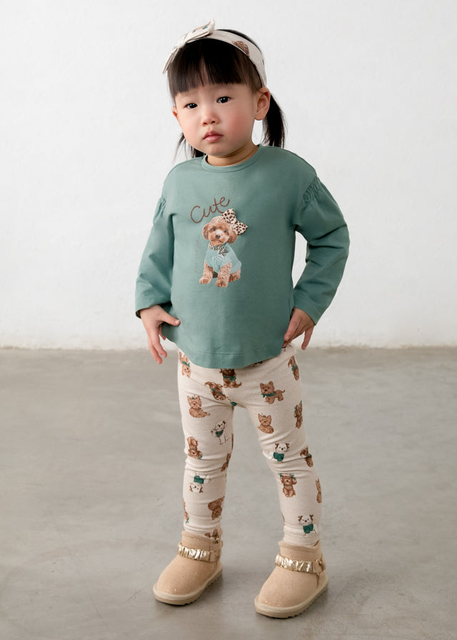 Completo neonata Mayoral 3 pezzi con maglia verde acqua, leggings fantasia con orsetti e fascia coordinata