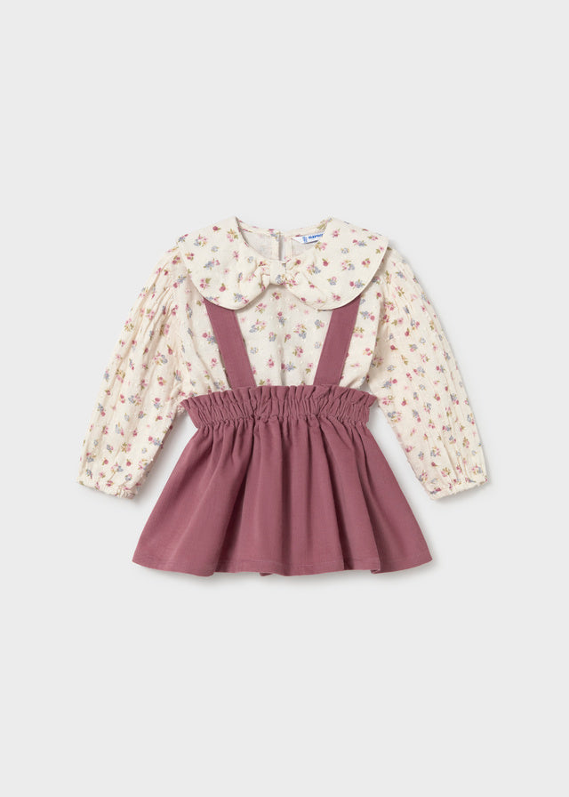Completo neonata Mayoral con blusa floreale écru e gonna bordeaux con bretelle