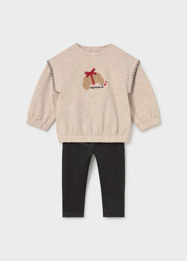 Completo neonata Mayoral con felpa beige melange con orsetto e leggings neri