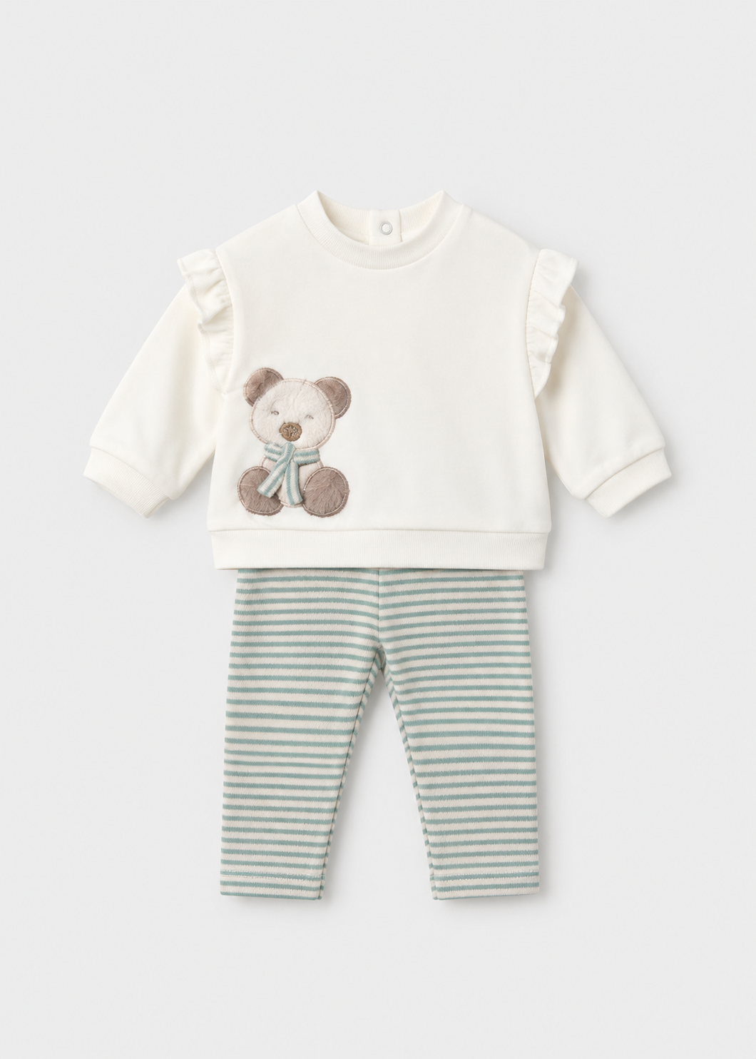 Completo neonata Mayoral con felpa écru con orsetto e leggings a righe verde acqua