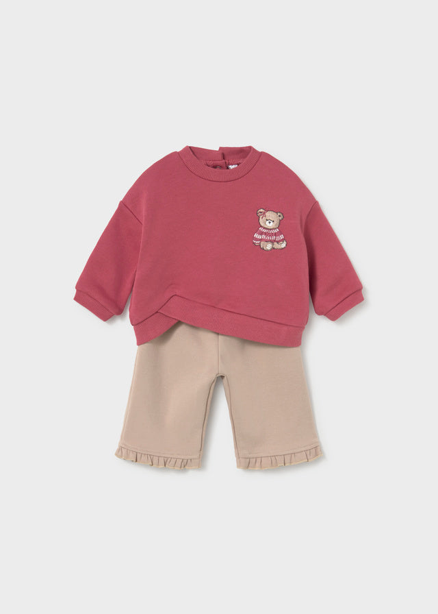 Completo neonata Mayoral con felpa rosa con orsetto e pantalone beige con volant
