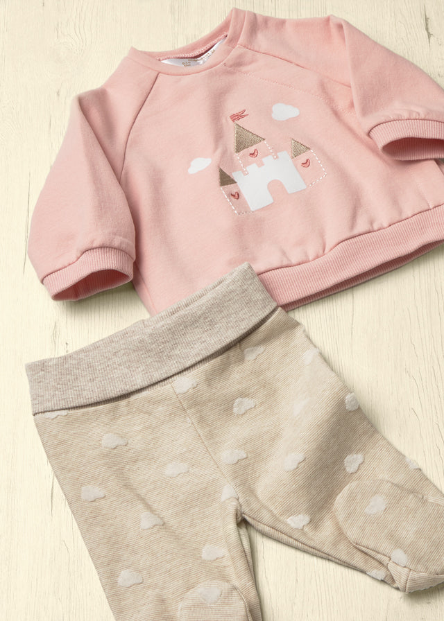 Completo neonata Mayoral con felpa rosa e ghettina beige con nuvolette