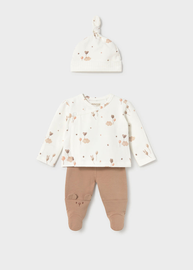 Completo neonata Mayoral con maglia écru con orsetti palloncini e ghettina beige