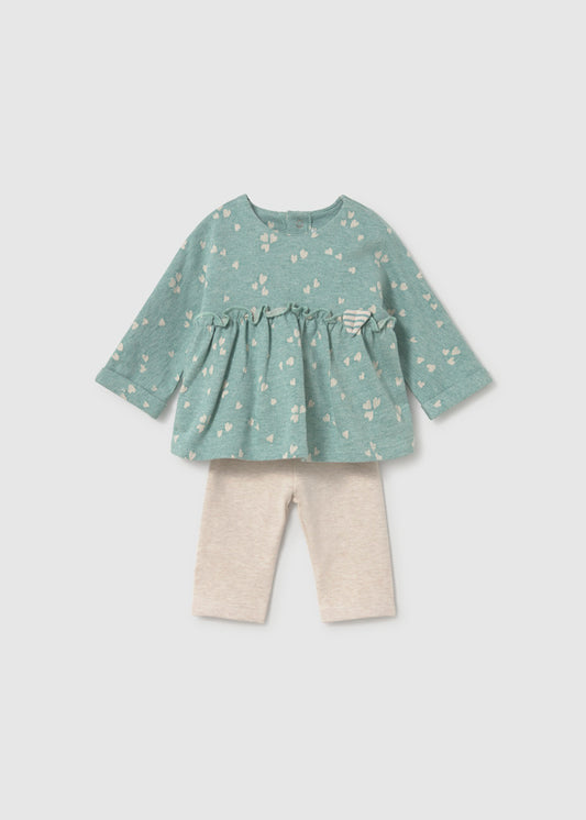Completo neonata Mayoral con maglia verde acqua floreale e leggings beige