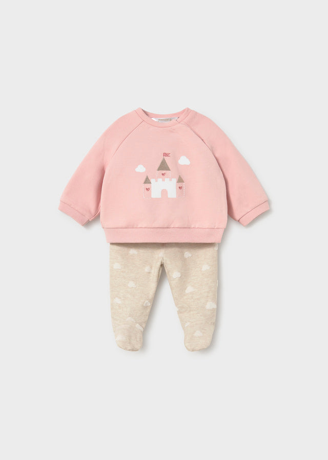 Completo neonata rosa e beige con felpa con castello e ghettina con nuvolette Mayoral