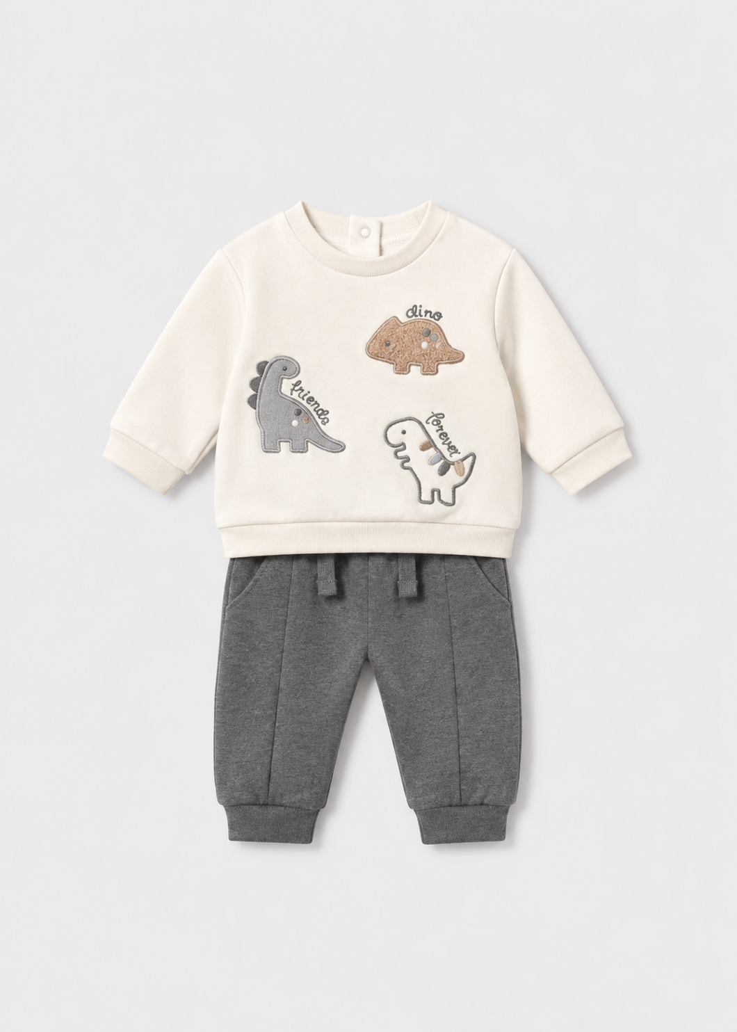 Completo neonato 2 pezzi Mayoral con felpa écru con dinosauri e pantalone jogger grigio