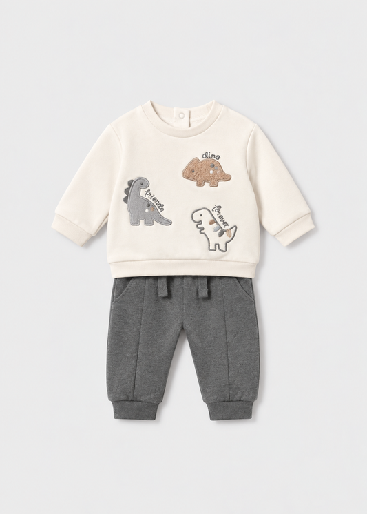 Completo neonato 2 pezzi Mayoral con felpa écru con dinosauri e pantalone jogger grigio