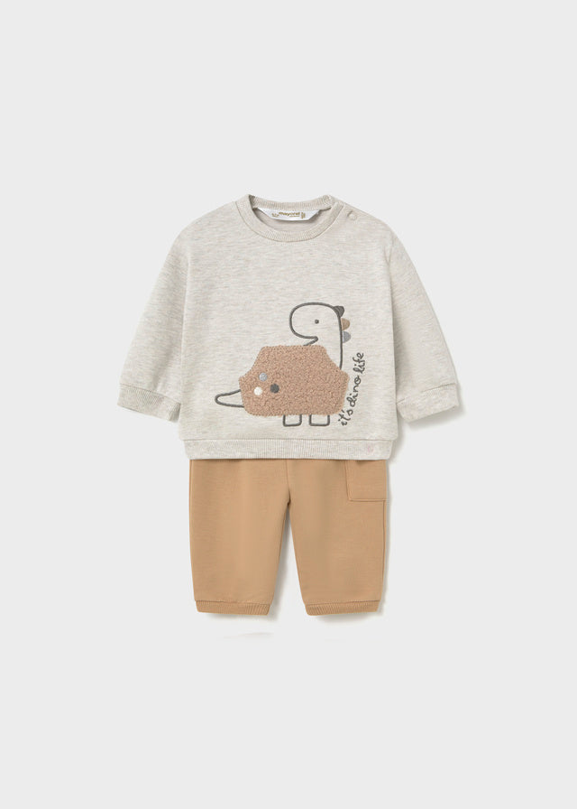 Completo neonato 2 pezzi Mayoral con felpa grigio mélange con animaletto e pantalone cammello