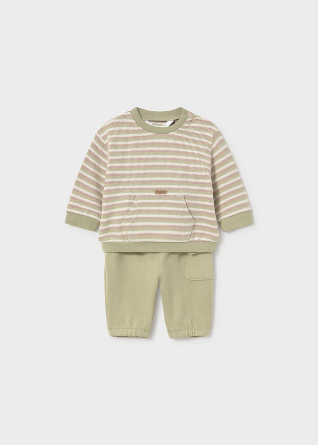 Completo neonato Mayoral 2 pezzi con felpa a righe verde e pantalone verde salvia