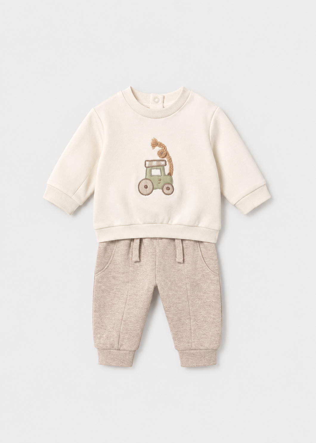 Completo neonato Mayoral 2 pezzi con felpa écru con veicolo e pantalone tortora